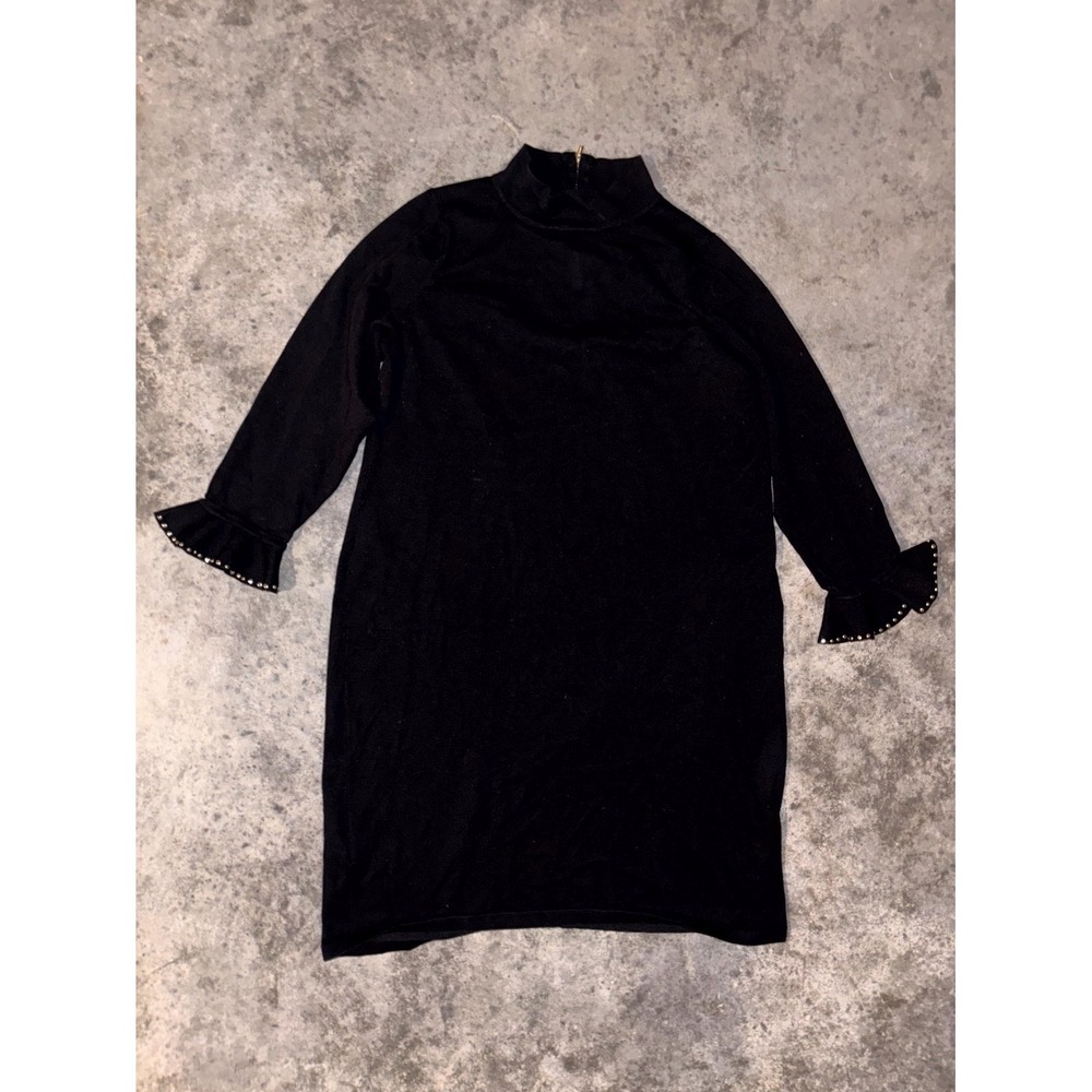 Calvin Klein Sweater Dress Womens 1X Black Rayon Mock Neck Back Zip Bell Sleeve